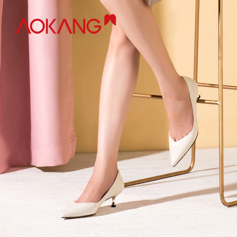 AOKANG New summer Women Solid Genuine leather High Heel Shoes Thine Heel Slip on formal ladies pumps Pointed Toe shoes