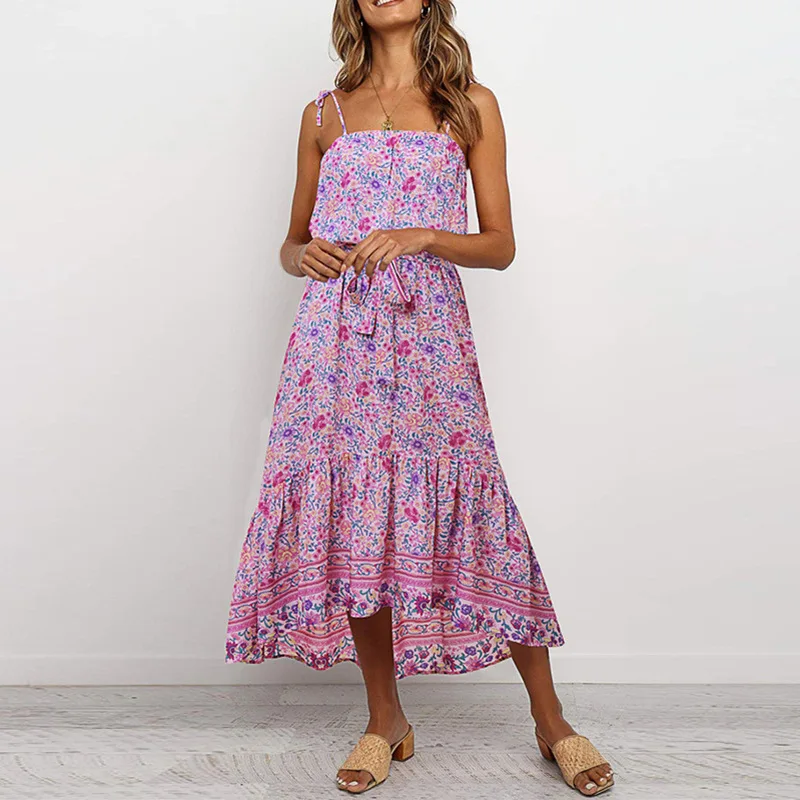

Floral Printed Women Dress 2021 Spring Summer A Line Sleeveless Spaghetti Strap Beach Style Boho Chic Vestidos Dropshipping Free
