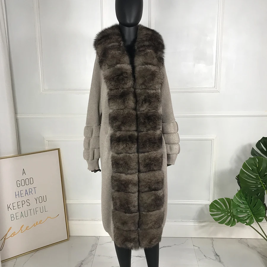 

Ladies Fur Sweater With Belt Natural Fox Fur Collar Cardigan New Arrival