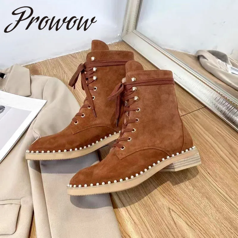 

Prowow New Autumn Winter Khaki Pearl Beading lace Up Ankle Boots Round Toe Low Heel Short Boots Comfortable Boots Shoes Women