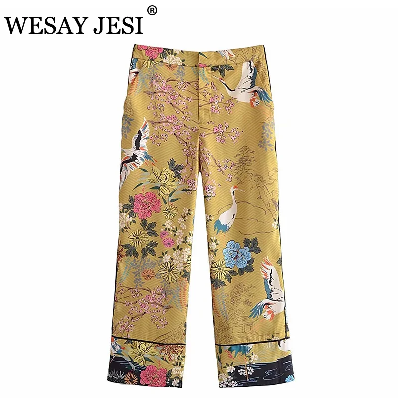 

WESAY JESI Women Pants TRAF ZA 2021 High Waist Straight Trousers Woman Clothes Chic Vintage Pockets Flower Print Pants Zipper