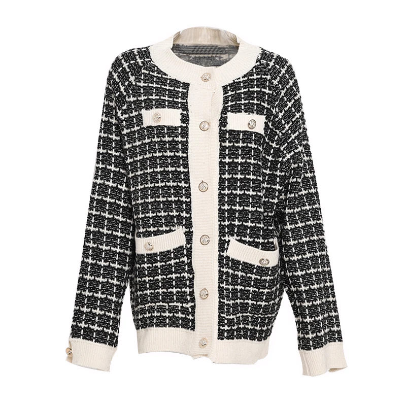 

Autumn 2021 New Sweater Coat Retro Shirt Check Long Sleeve Single Breasted Plaid Loose Knit Cardigan Tide Ladies