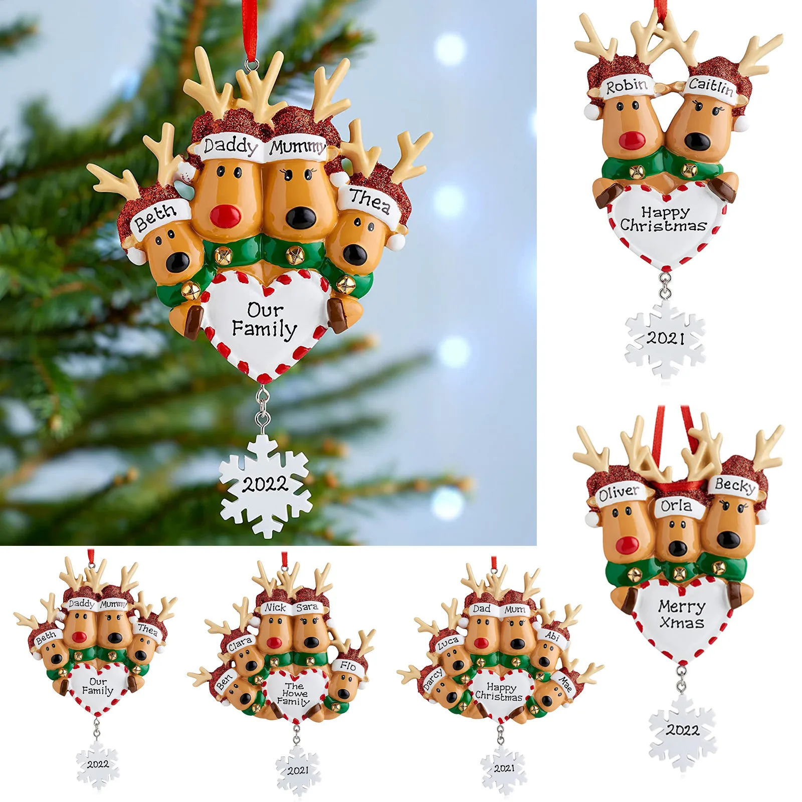 

Персонализированное украшение для рождественской елки, семейство оленей 2, 3, 4, 5, 6, праздничный зимний подарок с милым оленем, семейное украш...