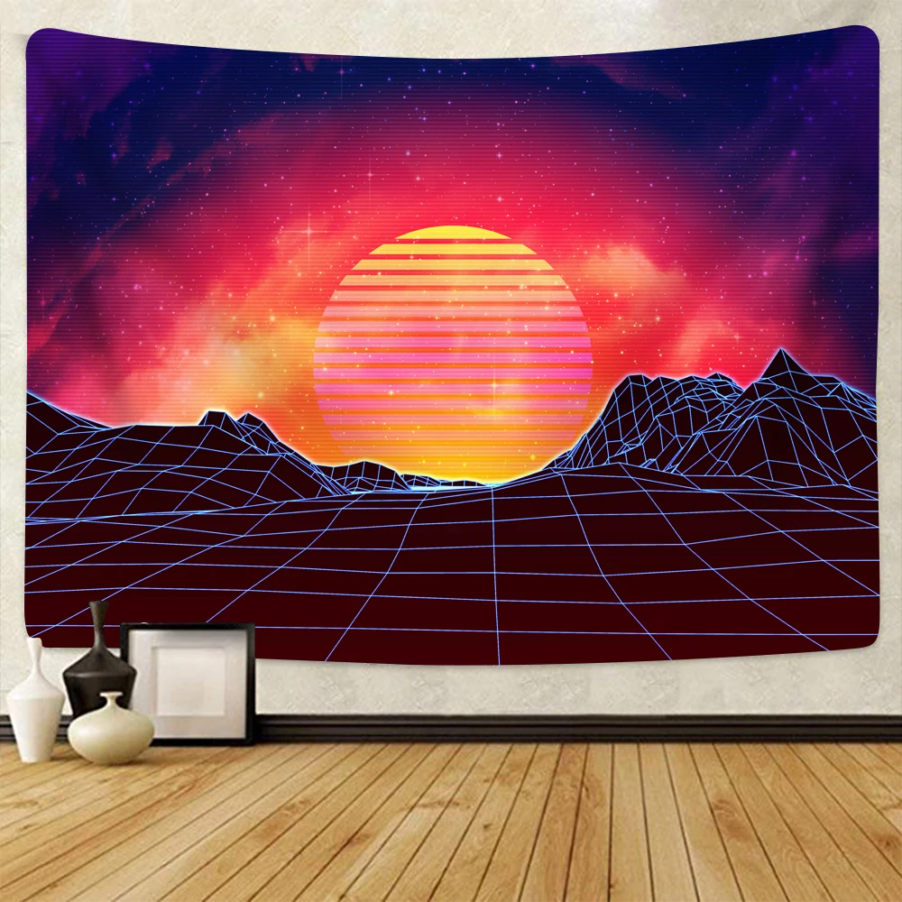 

Sunset Grid Lines Tapestry Bedroom Living Room Hotel Restaurant Wall Hanging Tapestry Background Decorative Cloth