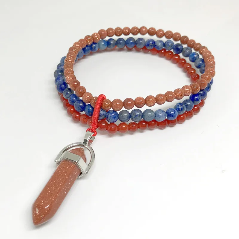 

3pcs/set Women Men Bracelet 4mm Natute Gold Sand B Stone Blue Sodalite Pendant Charm 18.5cm Bangle Jewelry