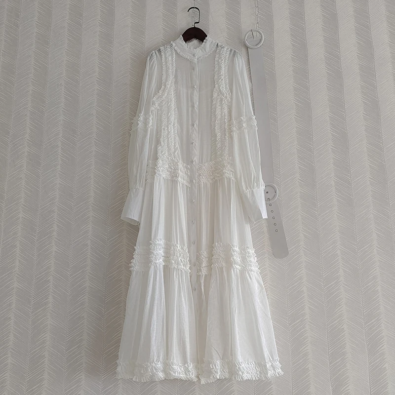 

AELESEEN Runway Fashion Ruffles Maxi Dress Women 2021 Spring Autumn Lantern Zipper Sleeve White Pink Green Party Holiday Dress