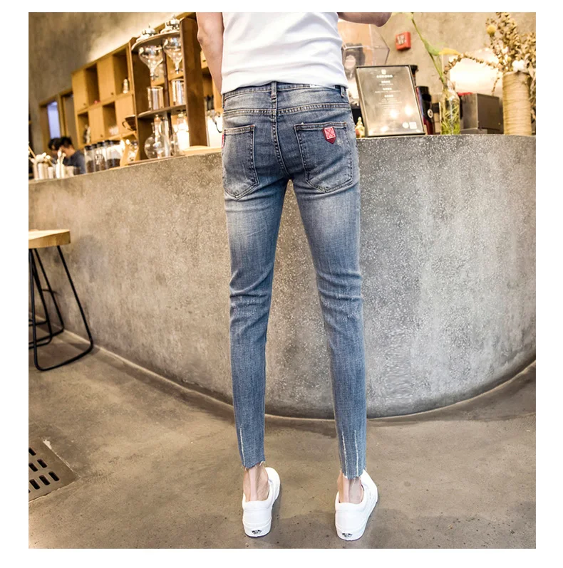 NEW spring autumn skinny strech Casual ripped hole fashion black teenagers hip hop cowboy denim leg jeans men pencil pants