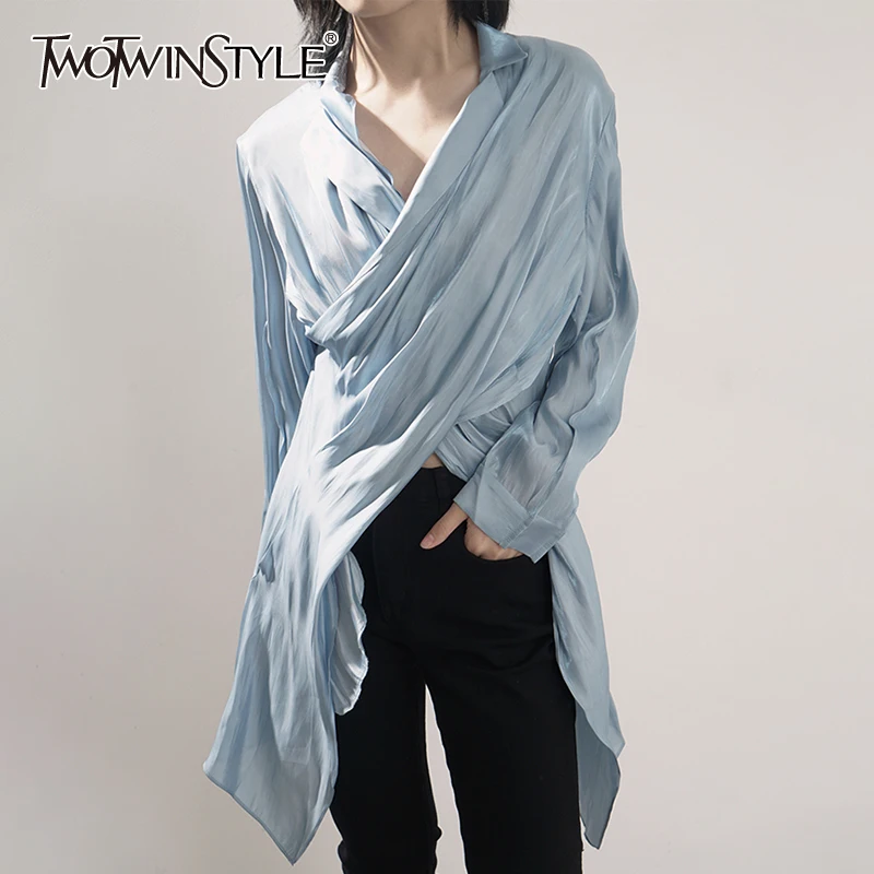 

TWOTWINSTYLE Casual Blue Shirts For Women V Neck Long Sleeve Korean Irregular Ruched Slim Blouses Female 2022 Summer Fashion New