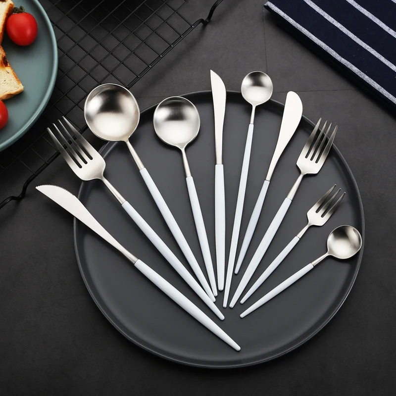 

Matte Cutlery Set 18/10 Stainless Steel Silver Dining Spoon Fork Knife Chopsticks Dinnerware Sets Kitchen Tableware Round Handle