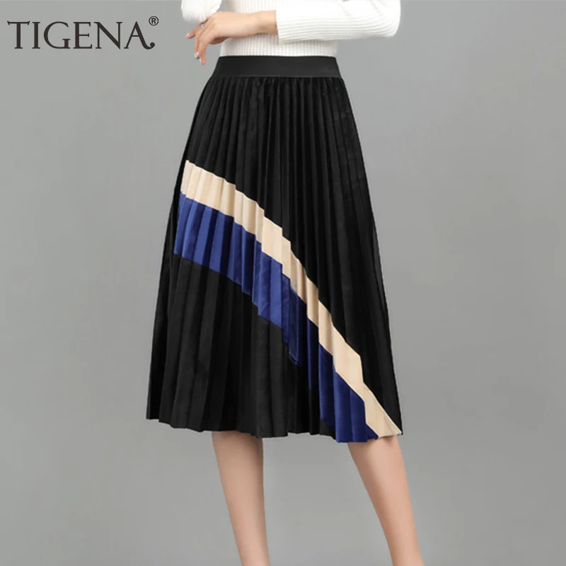 Женская плиссированная юбка TIGENA длинная из бархата трапециевидная с высокой