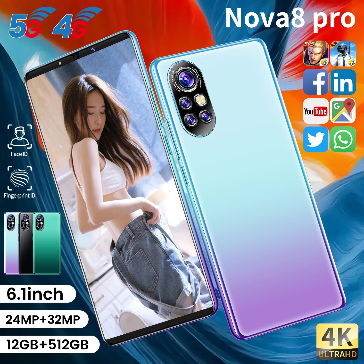 

Nova8 pro Smartphones 12+512GB 5200mAh 6.1Inch Dual SIM Dual Standby Support Face ID Global Version 4G 5G Android CellPhone