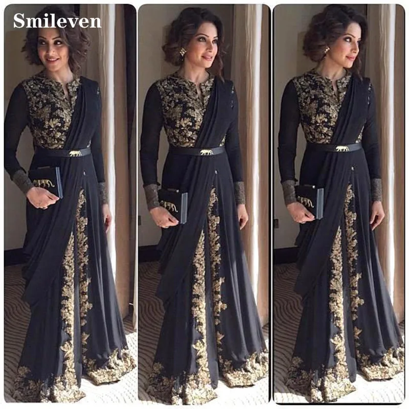Черный марокканский кафтан Smileven вечерние платья с золотыми кружевными