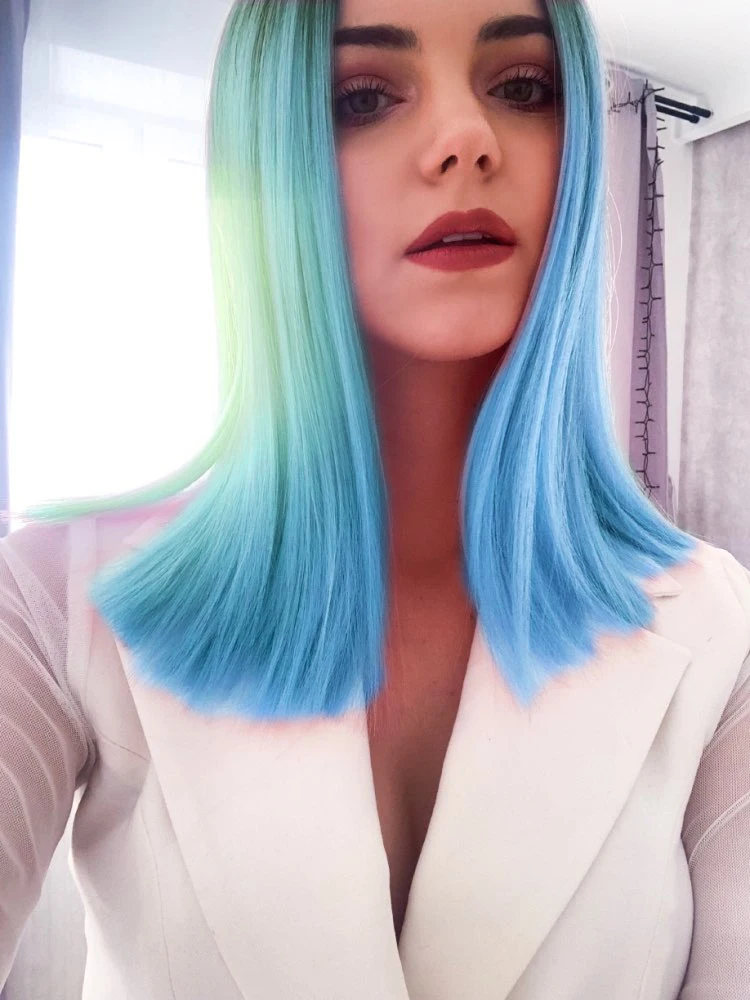 Парики из синтетических волос для косплея 14 дюймов синий цвет средняя часть