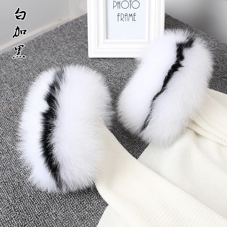 White plus black Настоящие манжеты из лисьего меха для женщин зимние модные черные манжеты из меха енота Женский браслет черно-белые нарукавники рукава - Цвет: White plus black