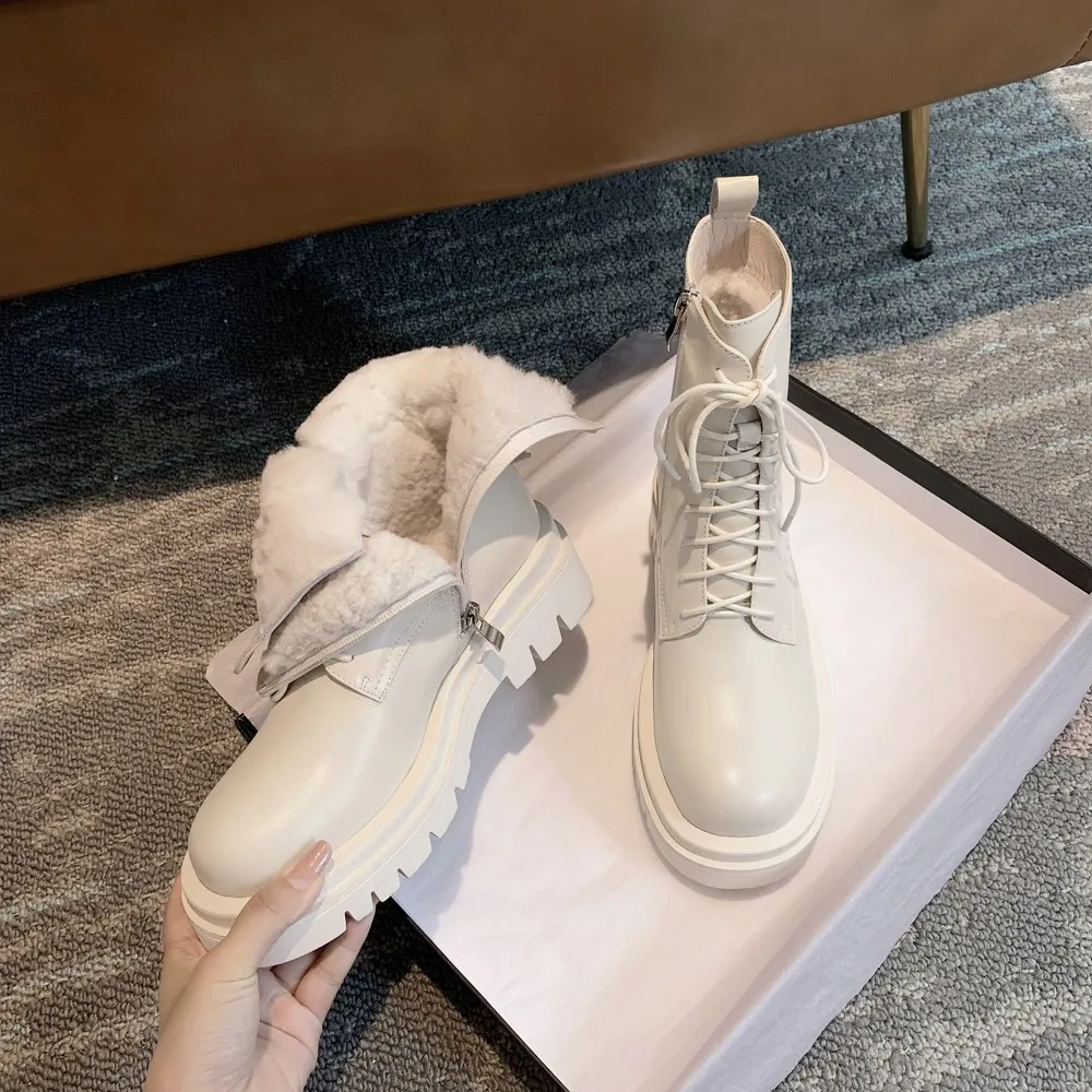 

Chic Design Winter Snow Boots For Women Plus Size 41 Thick Plush Fur Natural Leather Platform Leisure Bottom Lace Up Ankle Boots