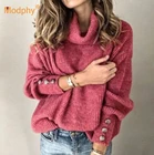 Женский свитер свободного покроя, Мягкий трикотажный пуловер с длинным рукавом и высоким воротником, эластичный свитер-водолазка, трикотажная одежда на осень