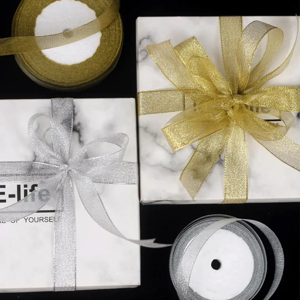 Практичная 25Y 2 см Золотая Серебряная лента блестящая металлическая тафта