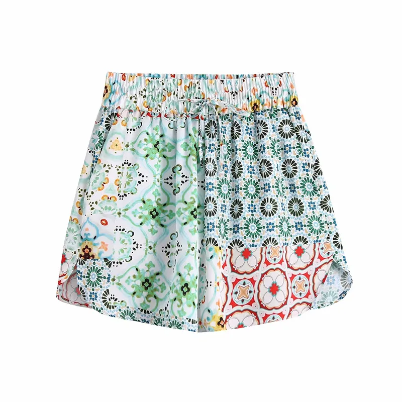 

Bermuda Shorts Women Za 2021 Patchwork High Waist Short Pants Woman Summer Elastic Waist Vintage Loose Casual Shorts