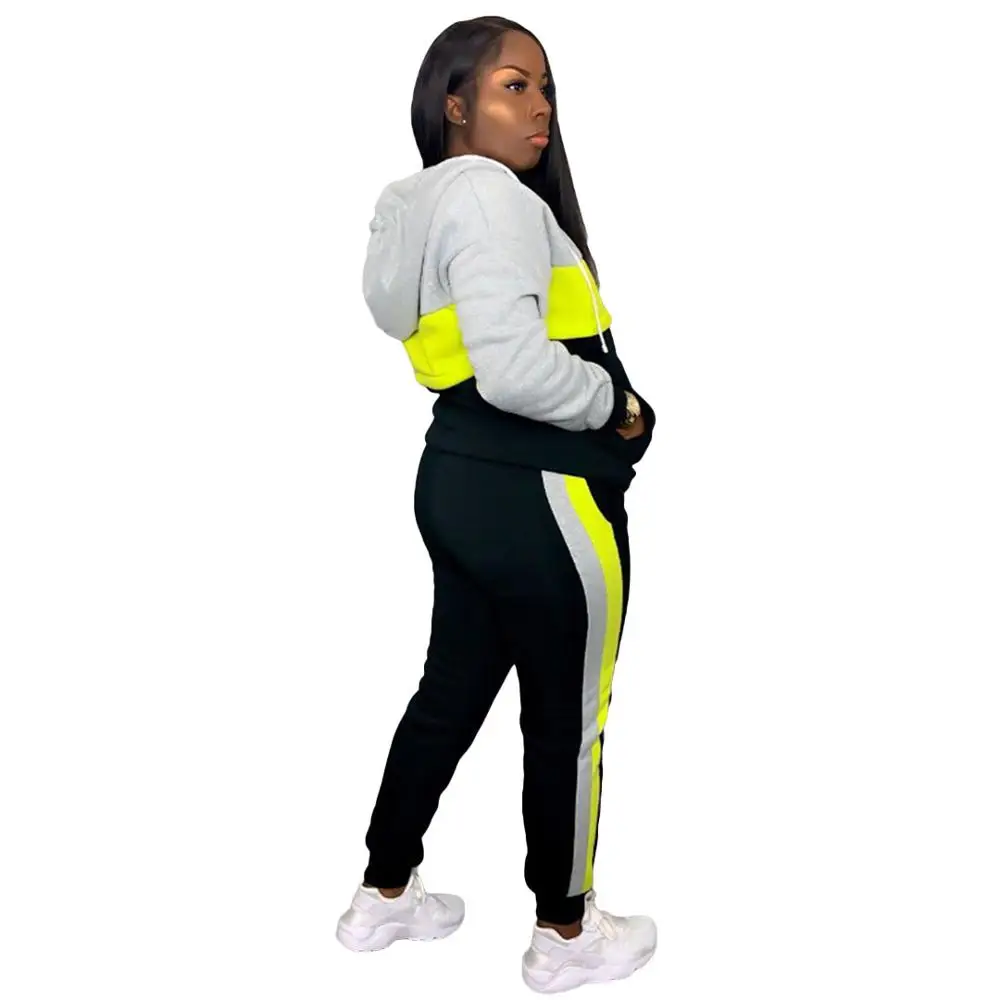 Геометрический Модный женский спортивный костюм с капюшоном и карманами пальто