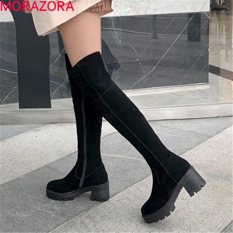 Женские сапоги выше колена MORAZORA черные однотонные Сапоги на платформе и толстом
