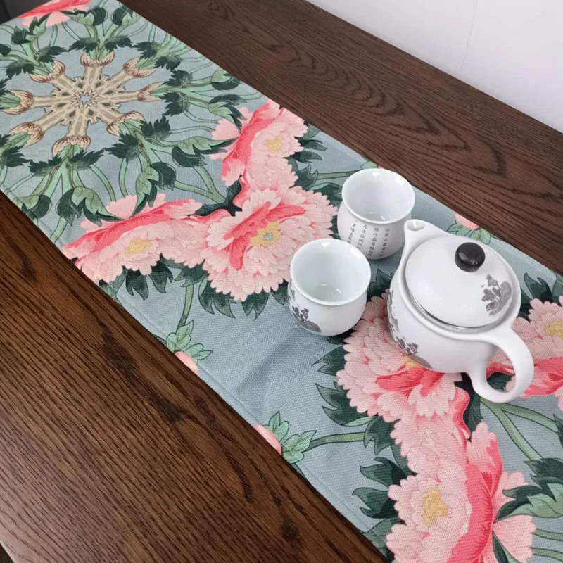 

Tea Seat Cotton Linen Cloth Art Waterproof New Chinese Tea Ceremony Table Runner Tablecloth Small Tea Cloth Retro Peony