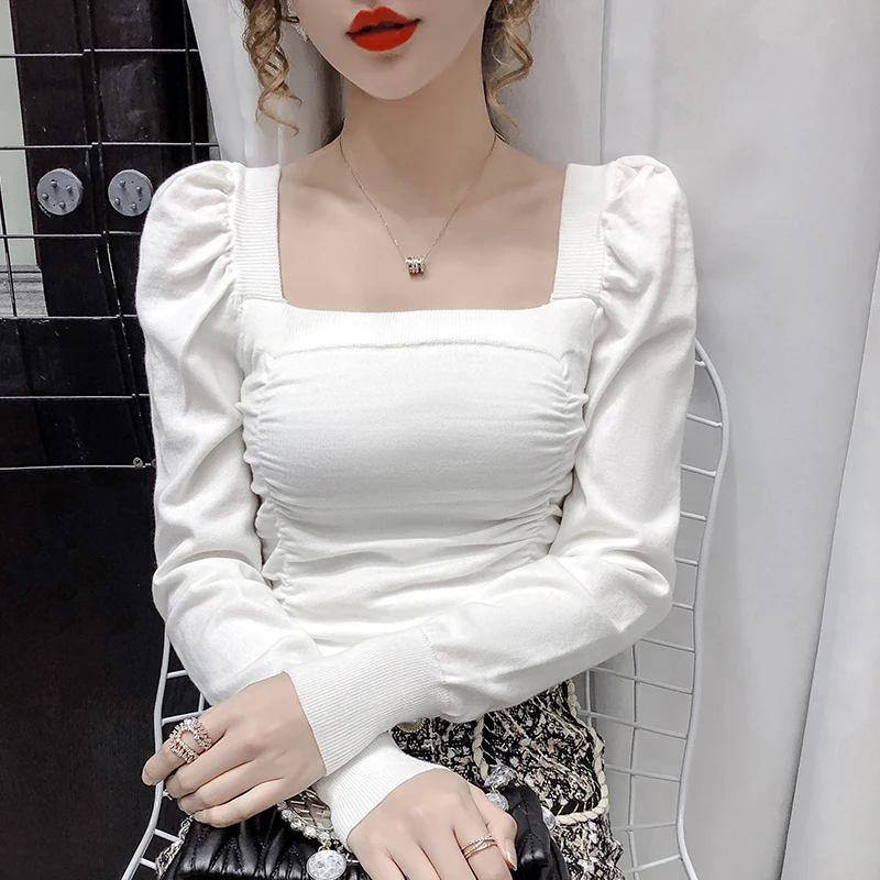 

2021 Tops Fashion Women 2020 Slim Square Collar Bottoming Clothing Shirt New Korean Style Female Low-neck Sweater Knitting Top