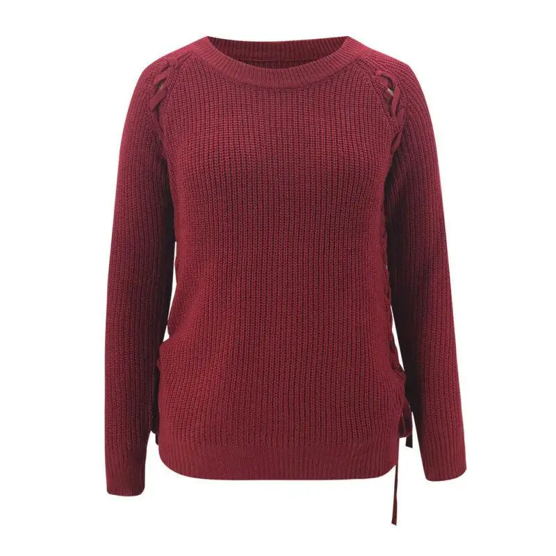 

Women's Sweater Side Lace Up Solid Knitted Top Long Sleeve Jumper Slim Sweater O Neck Knitwear Sweater Pullovers Female