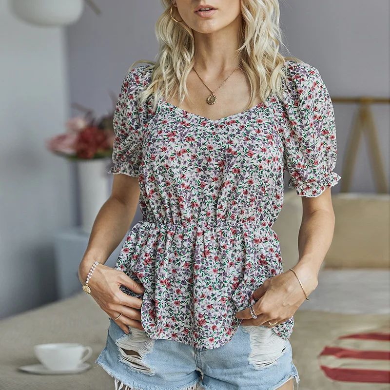 

Женский укороченный топ с цветочным принтом, элегантная офисная блузка с коротким рукавом и V-образным вырезом, лето 2020