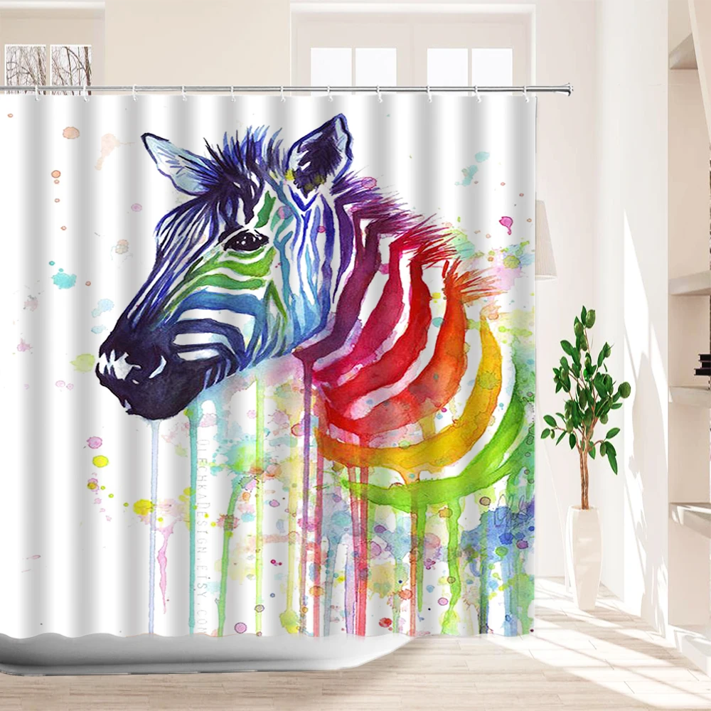 

Cool Watercolor Painting Zebra Bathroom Curtain Pop Colorful Animal Horse Cow Wolf Shower Curtains for Bathtub Home Decor