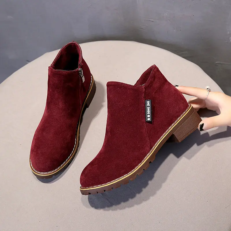 Plus Size EU42 Women Ankle Boots Flock Square Heel Autumn Winter Shoes Female Short Boot Round Toe Zipper Ladies Low Heel Shoes