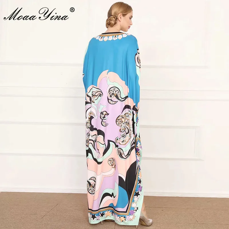 

MoaaYina Fashion Designer dress Autumn Women's Dress Batwing Sleeve Multicolor Print Plus Size Loose Maxi Long Dresses
