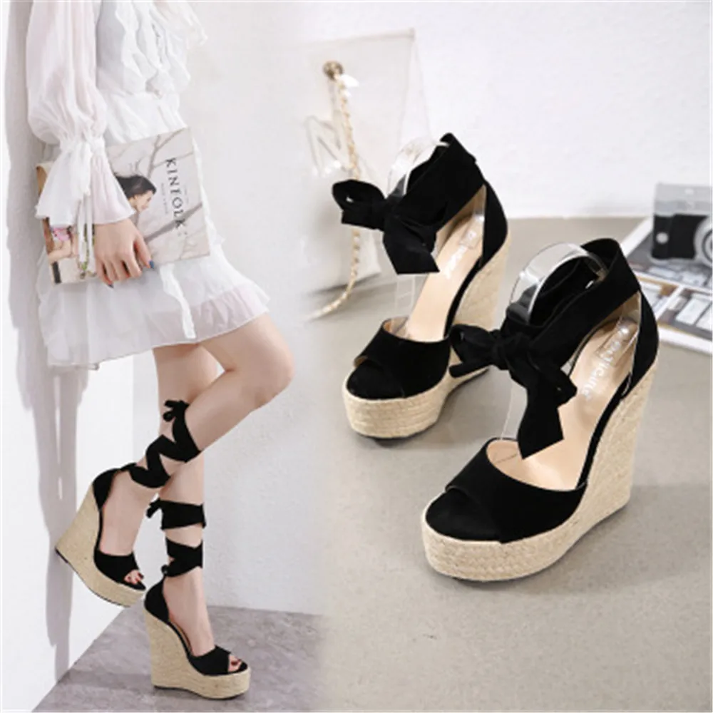 

Summer Fashion Flock Stretch Fabric Women's Sandals Sexy Peep Toe Ankle Cross-Strap Lace-Up Weaving Wedges Platform High Heels