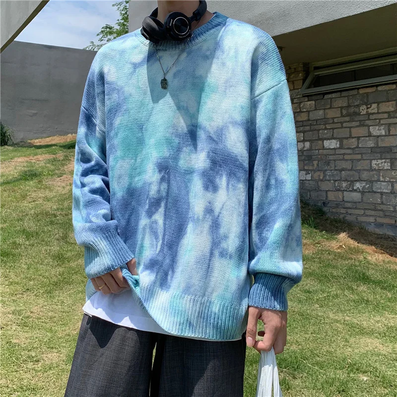 

Hip Hop Sweater Men Tie-dyed Fashion Pullovers Streetwear BF Style Gradual Change Clothing Gengar Loose Knitted Sweater Unisex