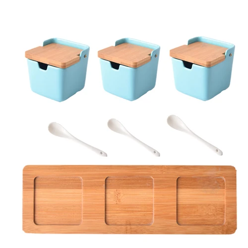 LIGHT BLUE 3PCS SET Скандинавский креативный горшок для приправ, сахарница, кухонная керамика, горшок для приправ, коробка для приправ, Европейский бытовой горшок для приправ, солевой горшок, банки - Цвет: LIGHT BLUE 3PCS SET