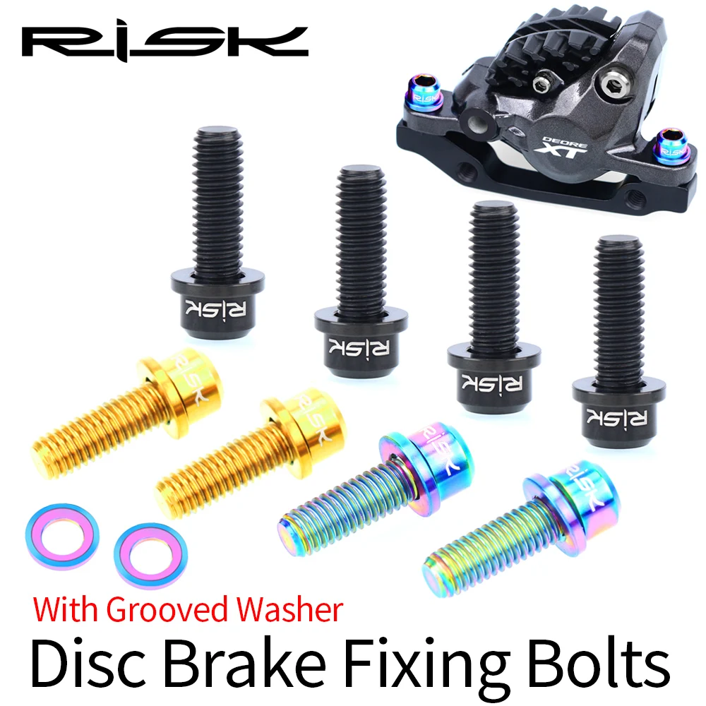 RISK 4Pairs/box Road Mountain Bike Titanium M6X18mm Disc Brake Caliper Fixing Bolts Screws With Grooved Washer