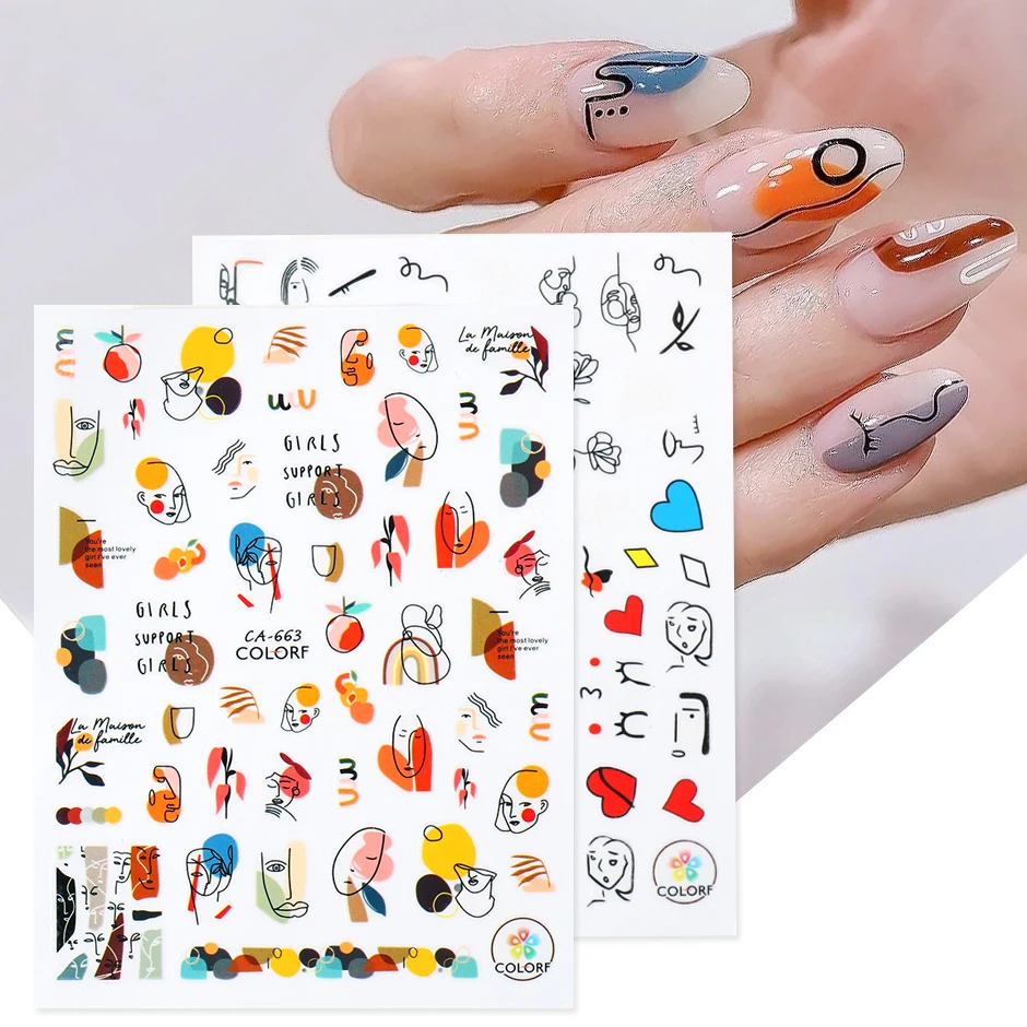 3D абстрактные леди уход за кожей лица ногтей Стикеры Цвет блок клей Гель лак