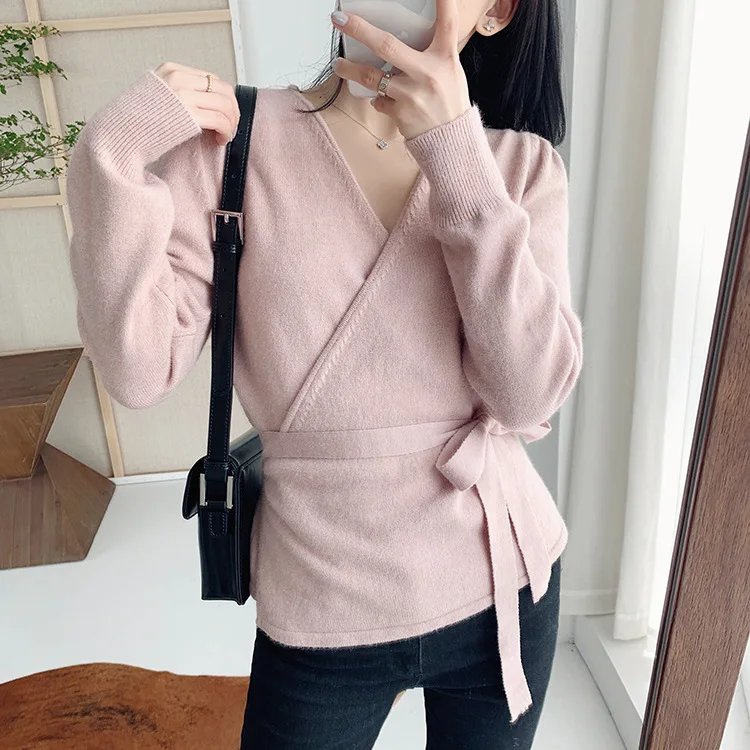 Однотонный простой Женский вязаный свитер с запахом кардиган V образным вырезом