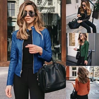 autumn jacket women fashion pu leather stand up collar long sleeve short coat thick warm female solid color slim tops
