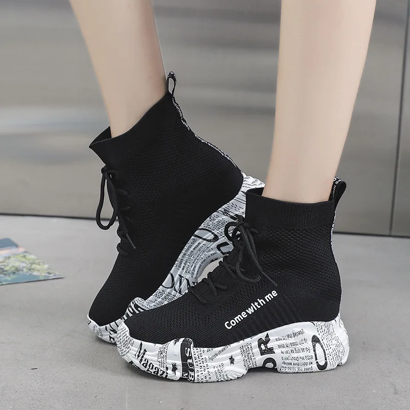 

Platform sneaker women Breathable Knitted Chunky Sneakers Solid Wedge Shoes Woman Thick Bottom High Top Shoes Zapatillas Mujer