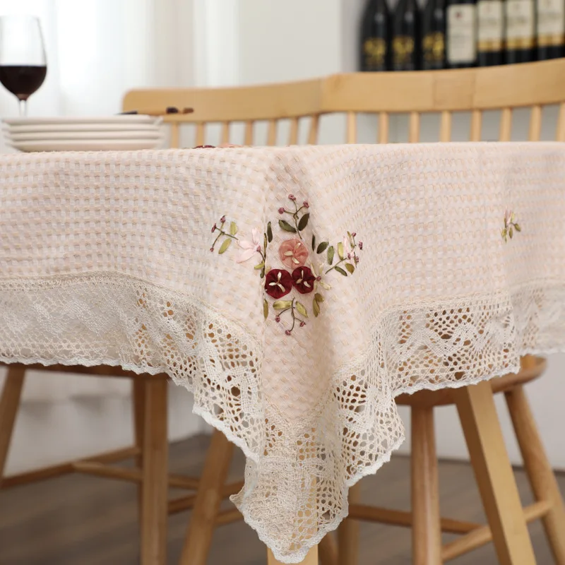 

Cotton Plaid Table Cloth Ribbon Embroidery Garden Tea Table Cloth Flower Dustproof Towel Wedding Round Table Rectangular Table