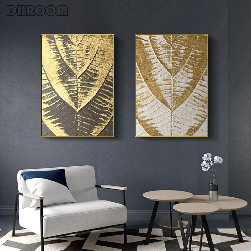 Золотое современное абстрактное искусство настенная картина с текстурой листьев растений плакат на холсте нордическая печать живопись декоративная картина для гостиной.