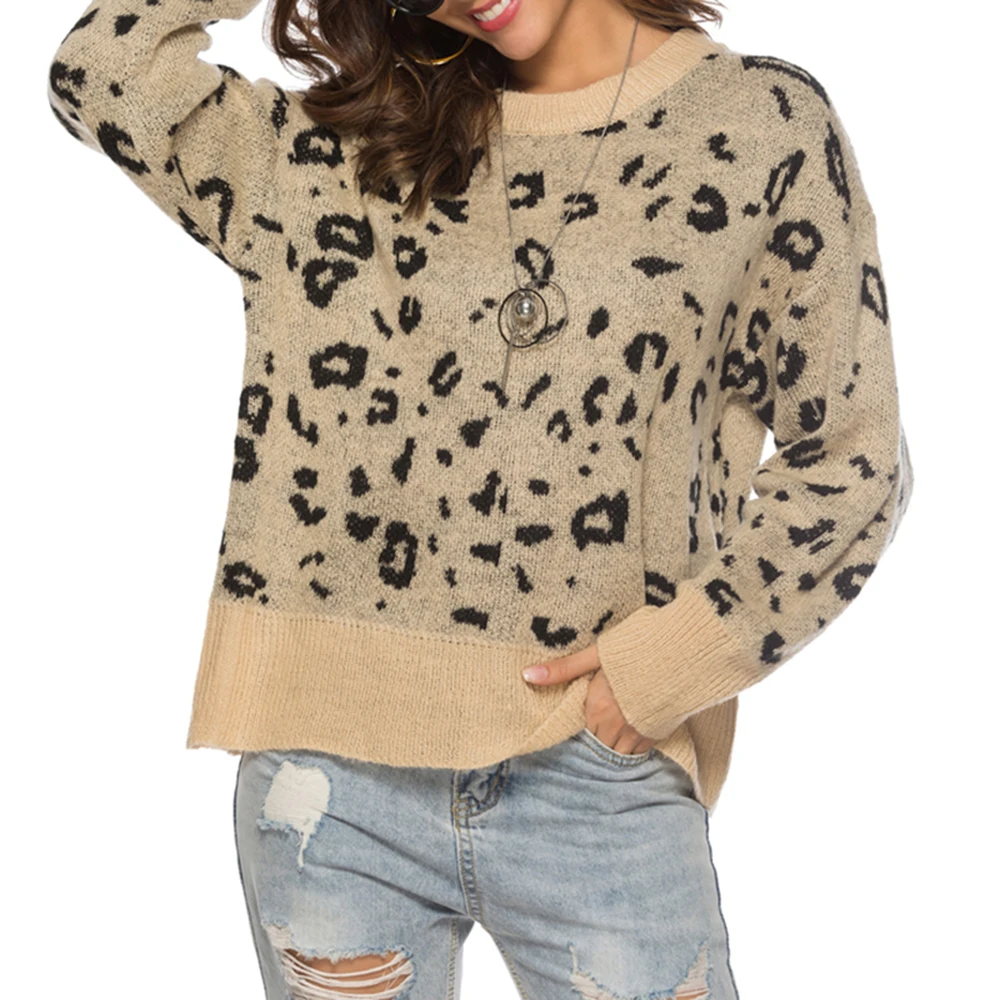 Женский леопардовый вязаный свитер пуловер с длинными рукавами и круглым