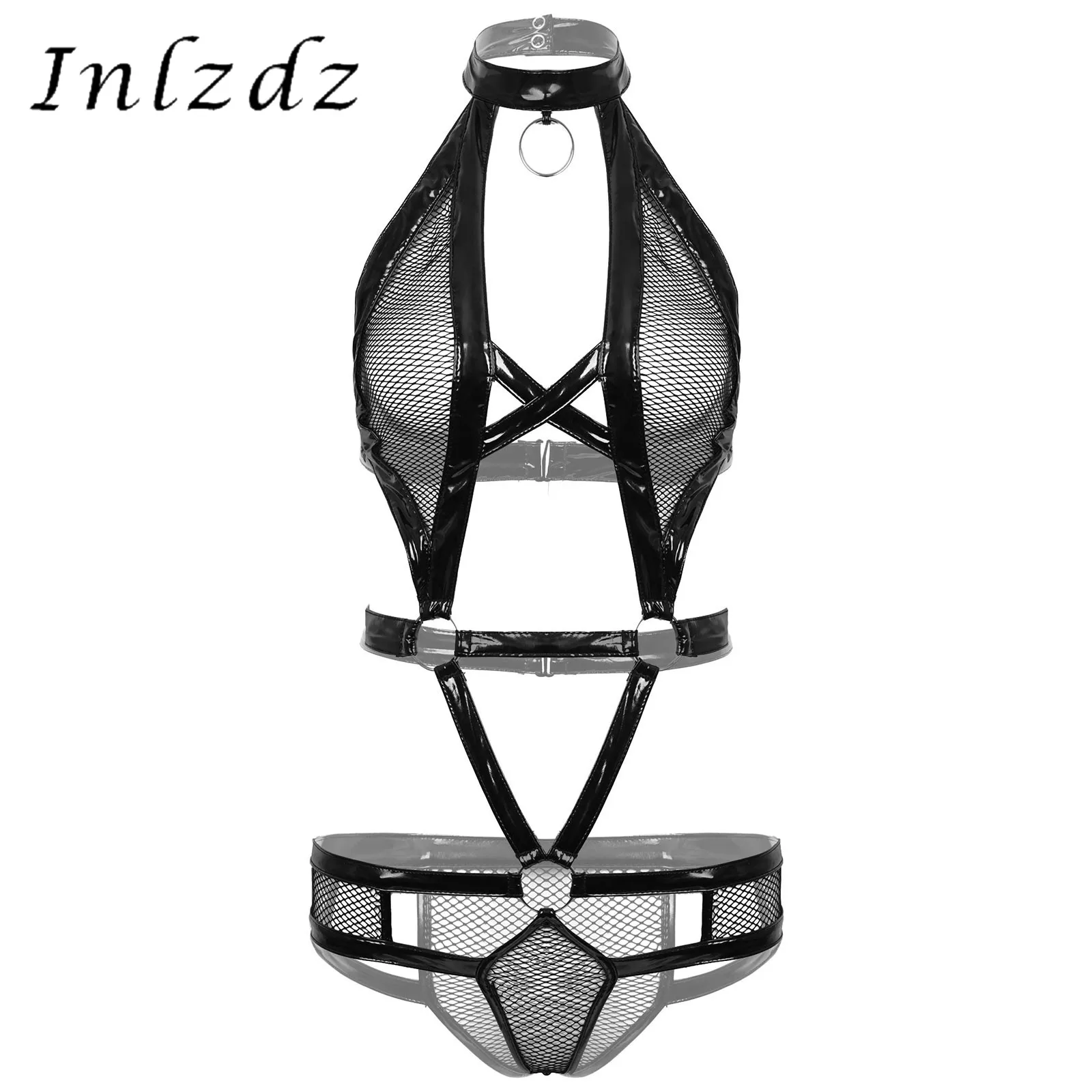

Womens Lingerie Mesh Bodysuit Patent Leather Hollow Out Halter Neck O-Ring Strappy Underwear Nightclub Stage Performance Costume