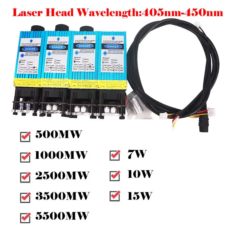 15W/10W/7W/5.5W/3.5W/2.5W lazer kafası diyot lazer modülü 405nm ila 450nm dalga boyu lazer kesme makinesi CNC DIY lazerli ahşap