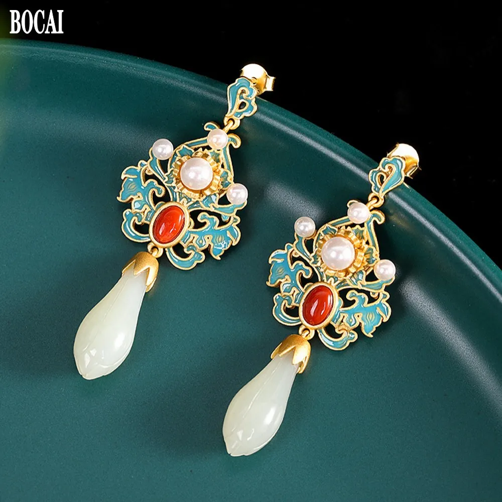 

BOCAI Trendy Real s925 Silver Jewelry Gold-plated Enamel Hetian Jade Magnolia Flower Fashionable Chinese Style Woman Earrings