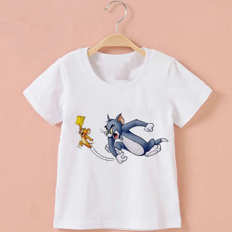 

Summer New Print White Top Painted Girl Tshirt Children Mouse Cute Cat Baby Boy Tshirt Round Neck Design Beautiful Kids Tshirt