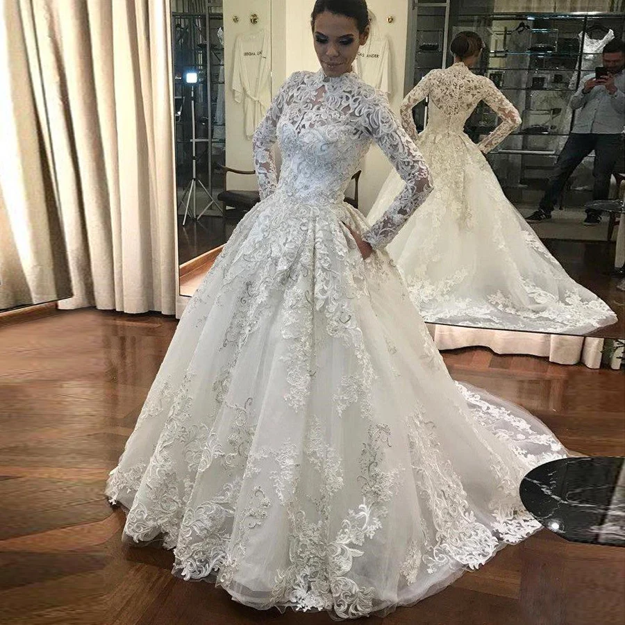 

Lover Kiss Vestido De Noiva Long Sleeves Lace Muslim Wedding Dress High Neck Wedding Bridal Ball Gowns Princess robe de mariee