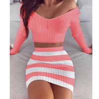 2 piece set women outfits 2020 autumn long sleeve ribbed pink shirt crop top mini striped skirts party club two pieces sj6709v