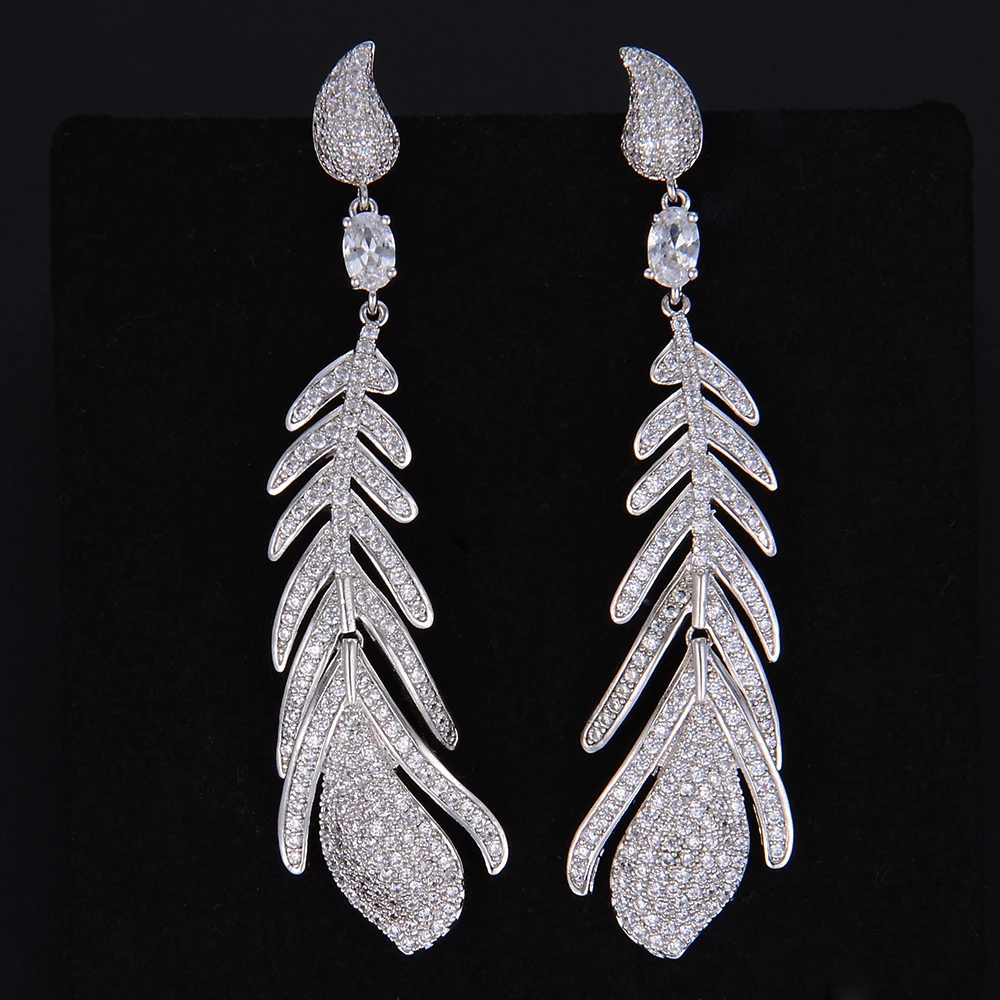 

LARRAURI Brand New Big Statement Dangle Drop Earrings Fashion Luxury Feather Cubic Zirconia Earrings For Women Wedding Jewelry