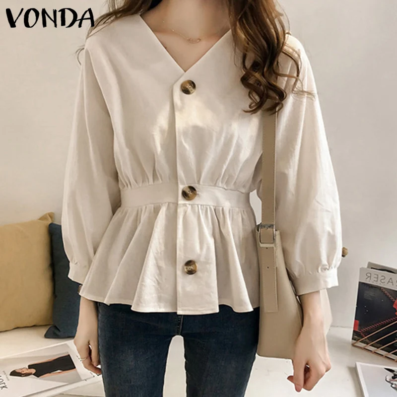 

Spring Blouse VONDA Women Sexy V Neck Button Up Long Sleeve Bohemian Blusas Femininas S- Loose Solid Color Pleated Tops Femme